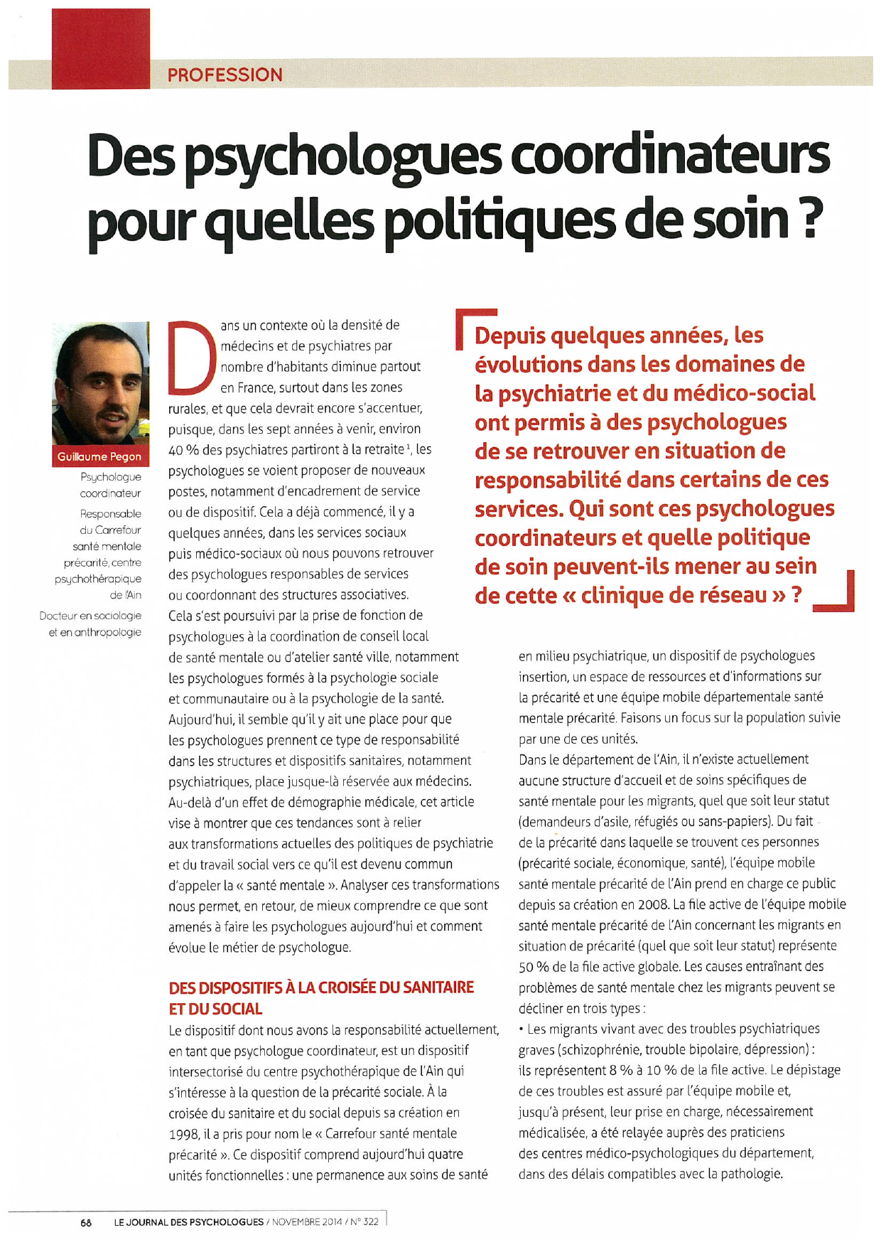 Journal des Psychologues n°322, 2014