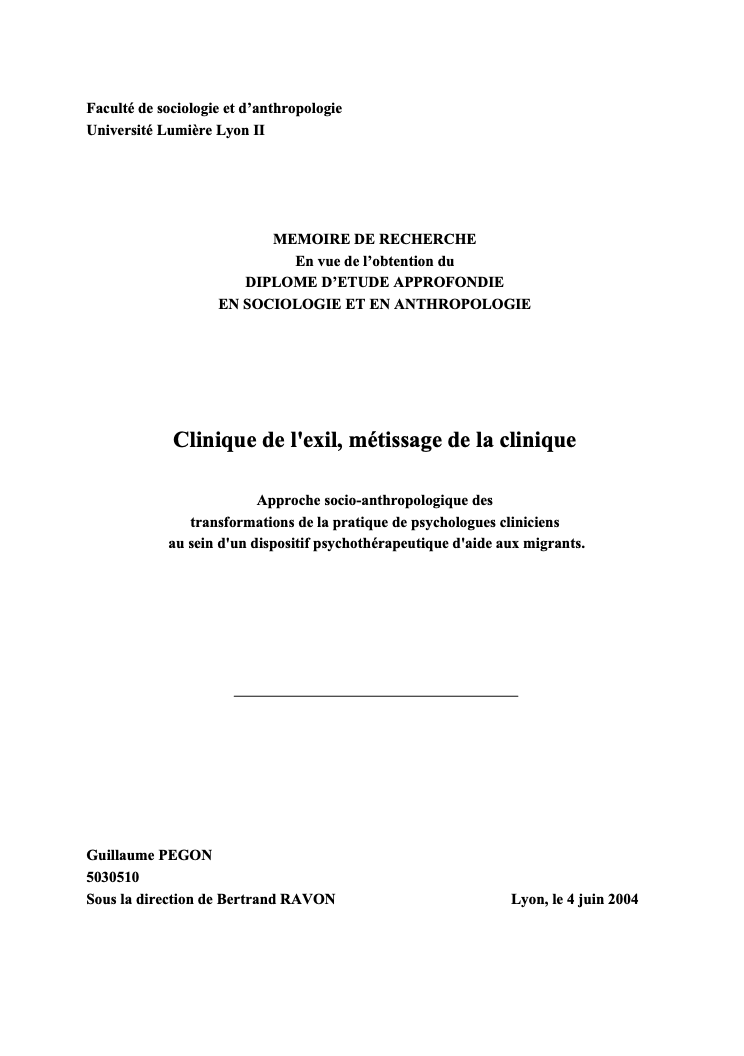 Clinique de l'exil, métissage de la clinique — Mémoire Lyon 2, 2004