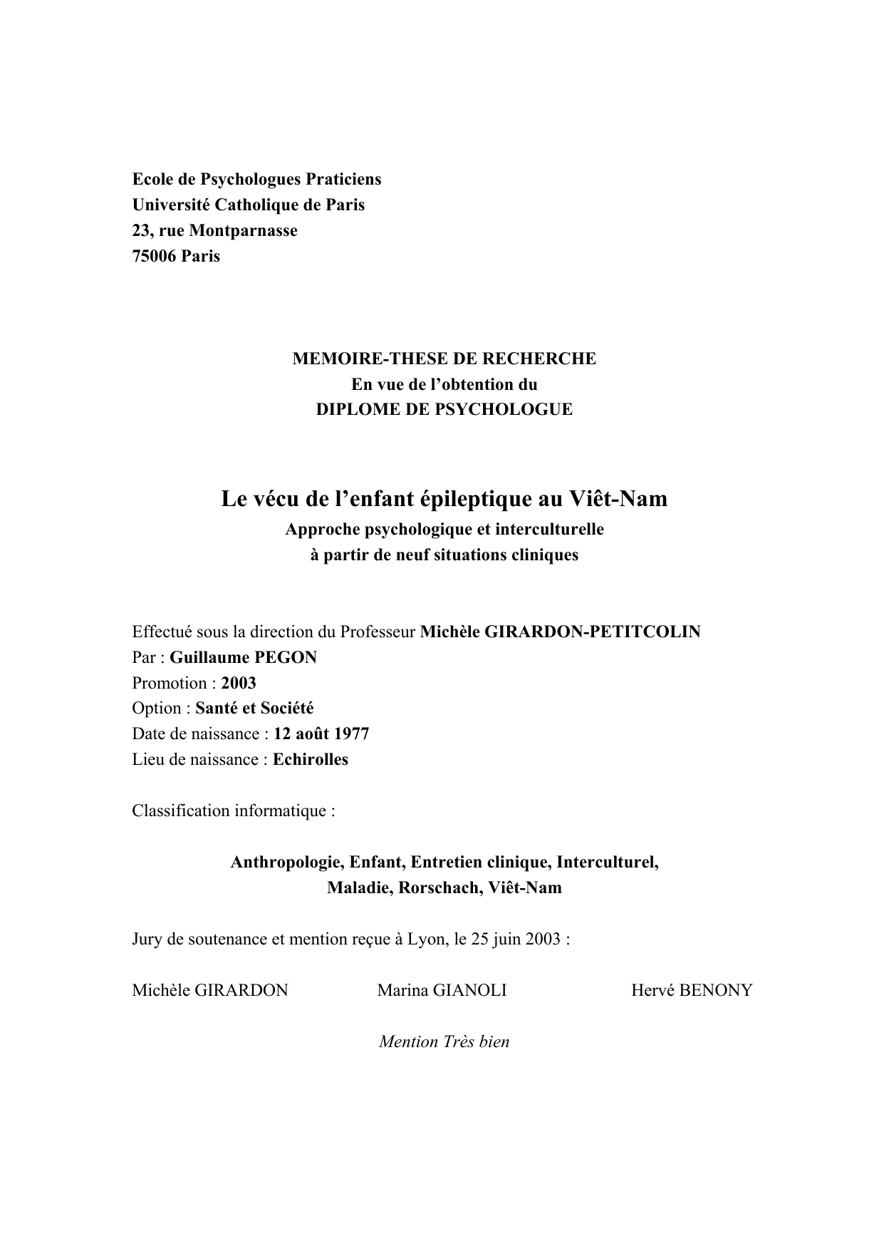 Le vécu de l'enfant épileptique au Viêt-Nam — Mémoire EPP, 2003