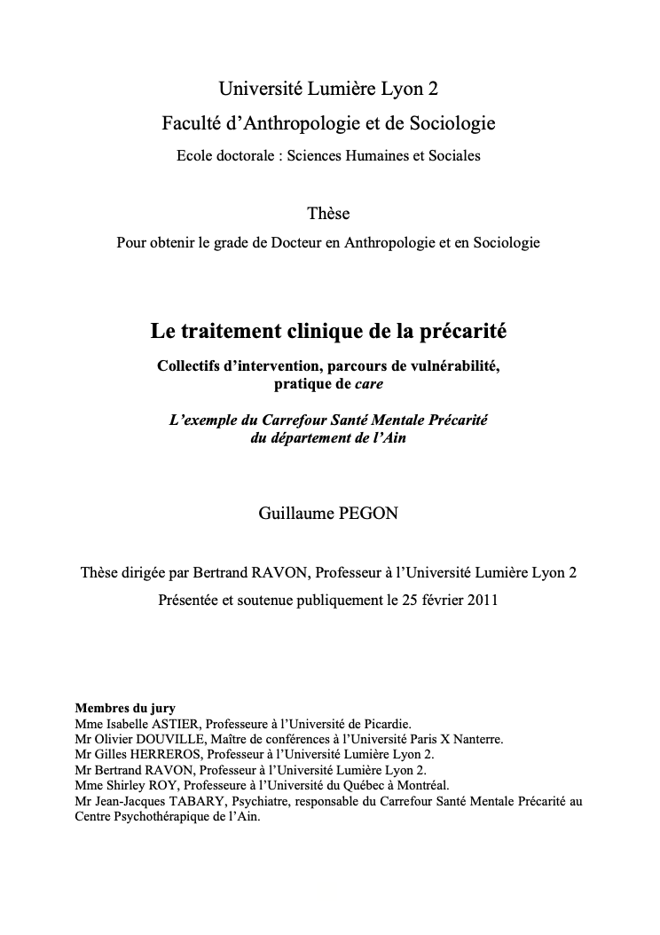 Le traitement clinique de la précarité — Thèse Lyon 2, 2011